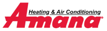 Logo with the word "Amana" in red and the phrase "Heating & Air Conditioning" in black above it.