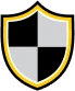 A shield divided into four sections with alternating black and gray colors, outlined in gold and black.